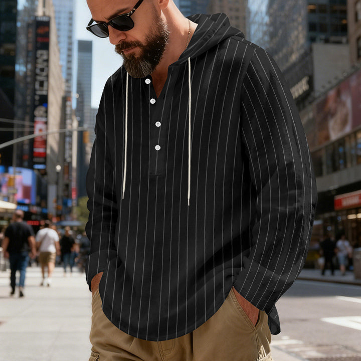 Herren nan gestreiftes Henley-Kapuzenhemd mit Langarm, lockerem Schnitt und Kordelzug Drune