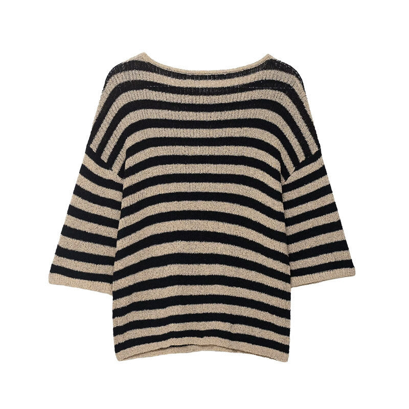 Damen lässiger Strickpullover mit breiten Streifen und weichem Material Drune