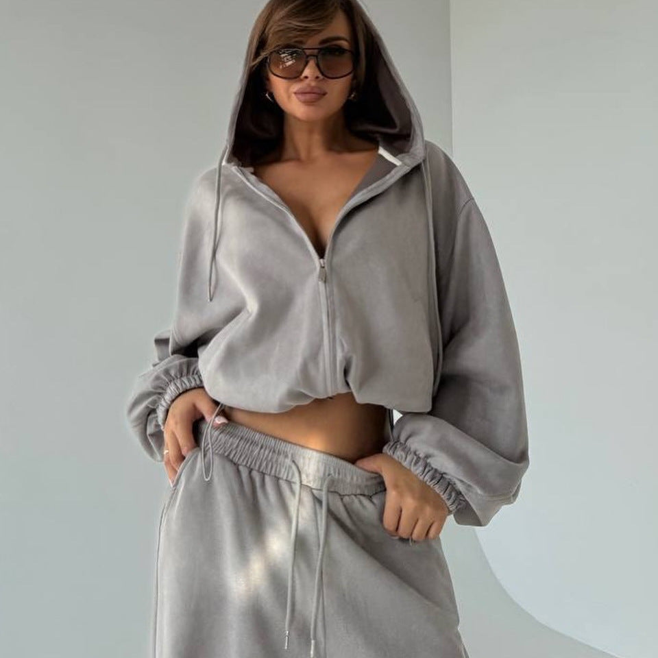 Damen Sportliches Velours-Jogginganzug-Set mit stylischer Kapuze und weitem Schnitt Drune