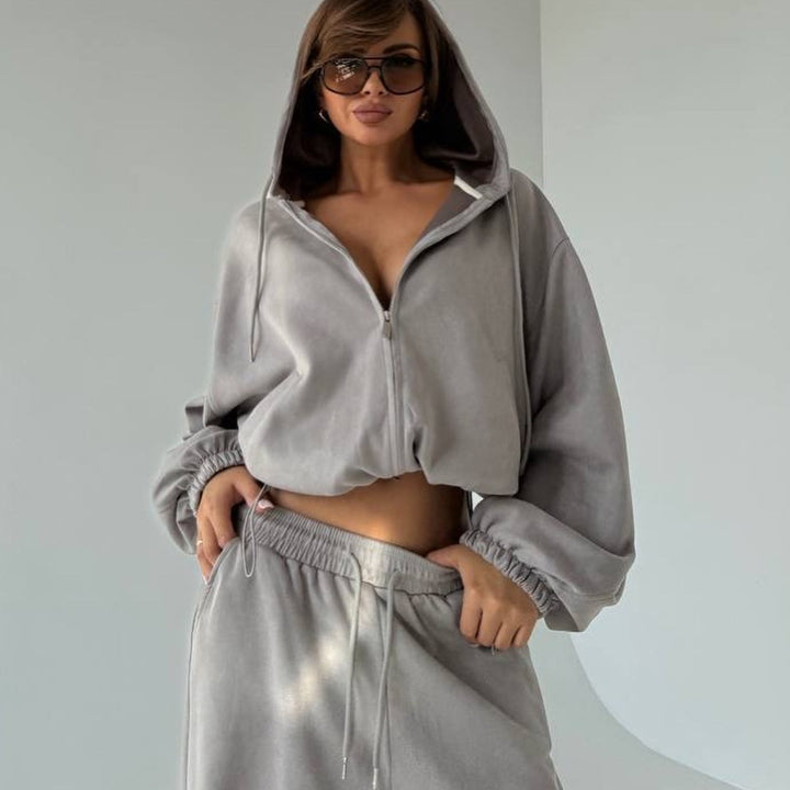 Damen Sportliches Velours-Jogginganzug-Set mit stylischer Kapuze und weitem Schnitt Drune