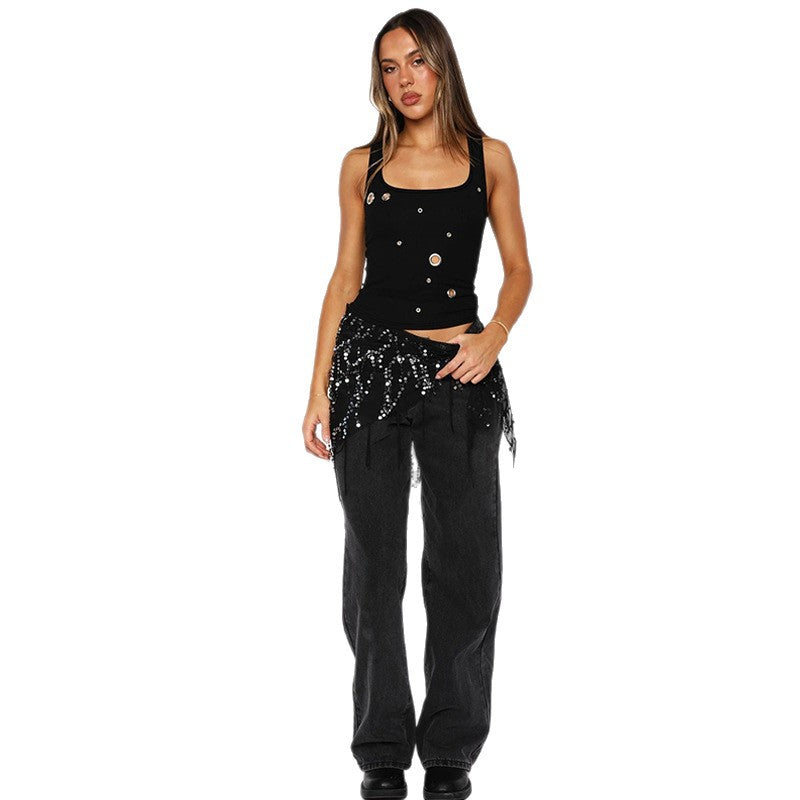 Damen Enganliegendes Crop-Top mit dekorativen Ösen Drune
