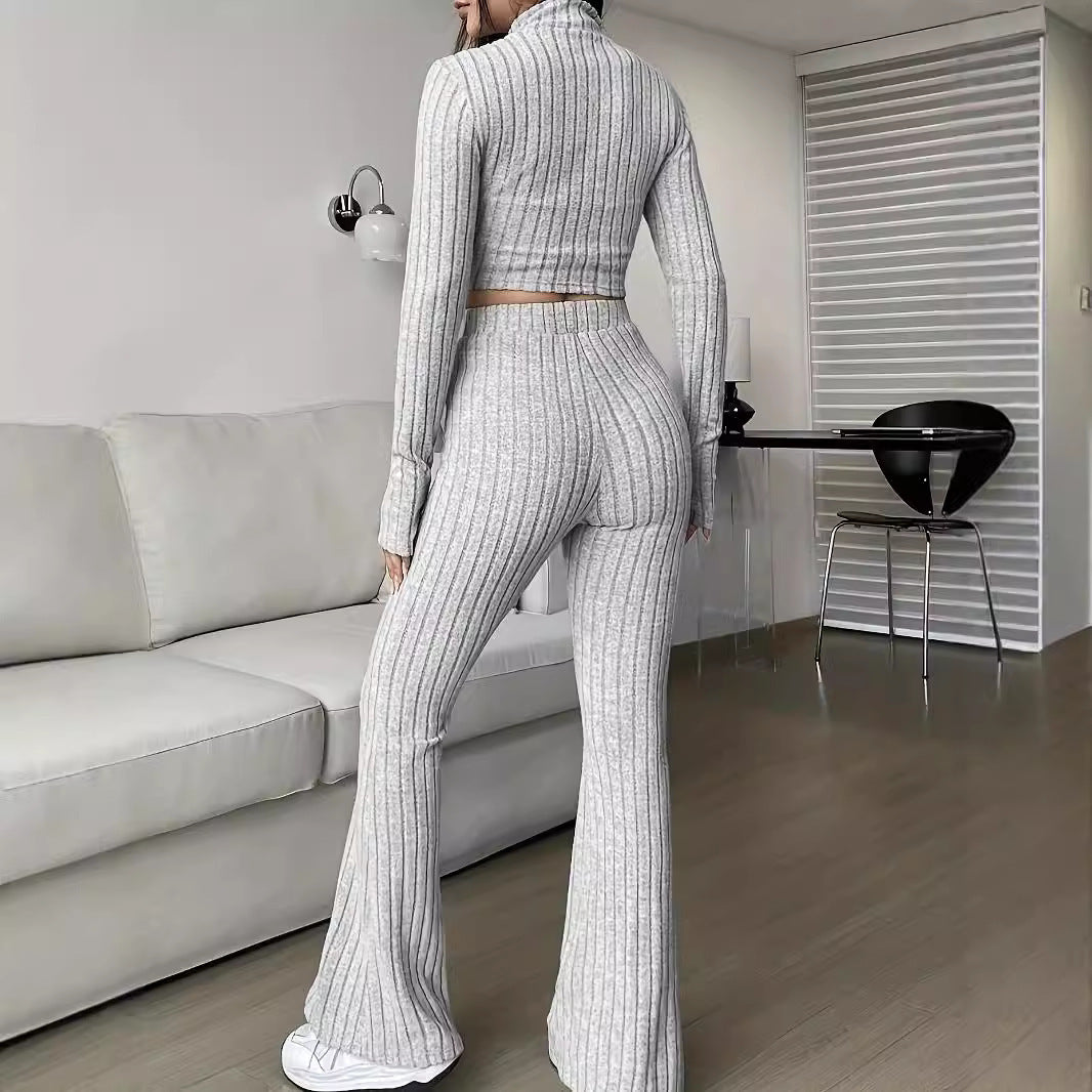Damen modisches Strick-Loungewear-Set mit hohem Bund Drune
