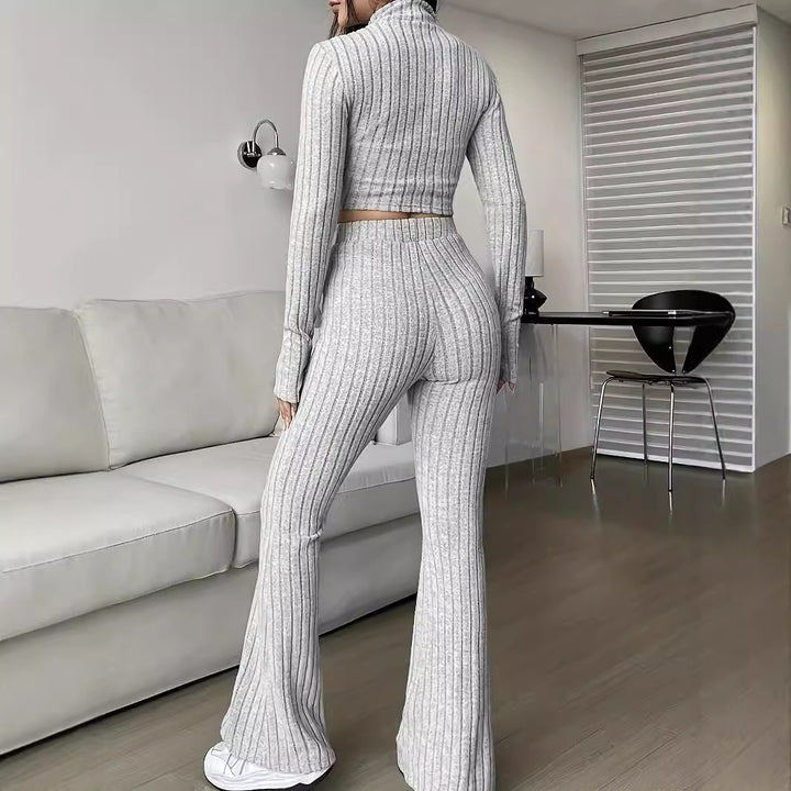 Damen modisches Strick-Loungewear-Set mit hohem Bund Drune