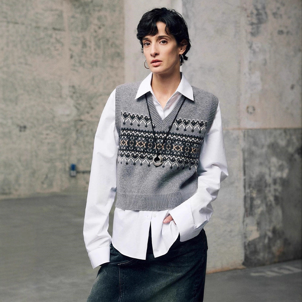 Damen modischer Strickpullover mit V-Ausschnitt und geometrischem Muster Drune
