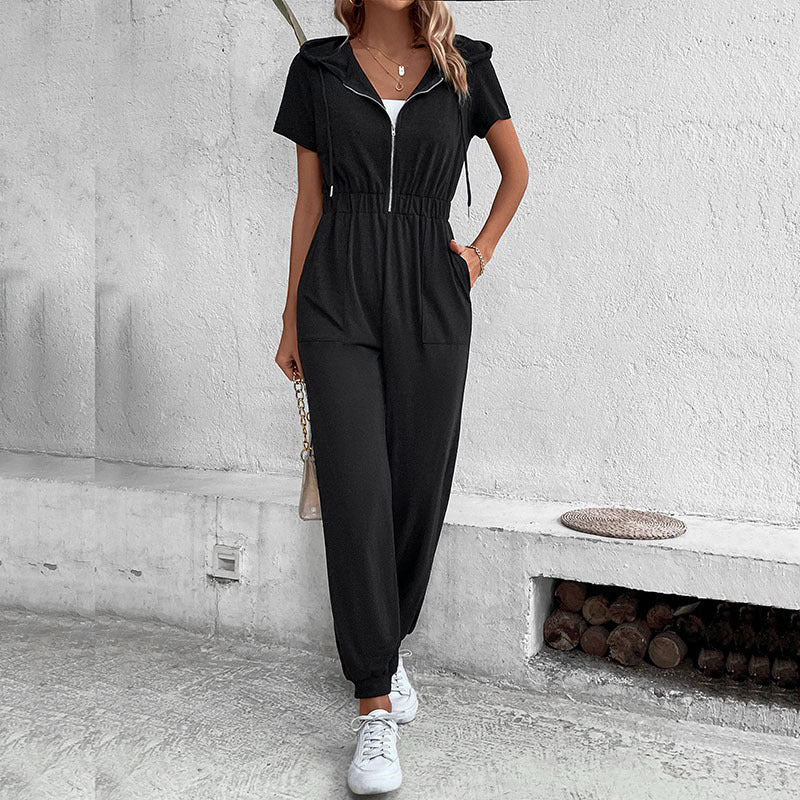 Damen moderner Kurzarm-Jumpsuit mit praktischen Taschen und Kapuze Drune