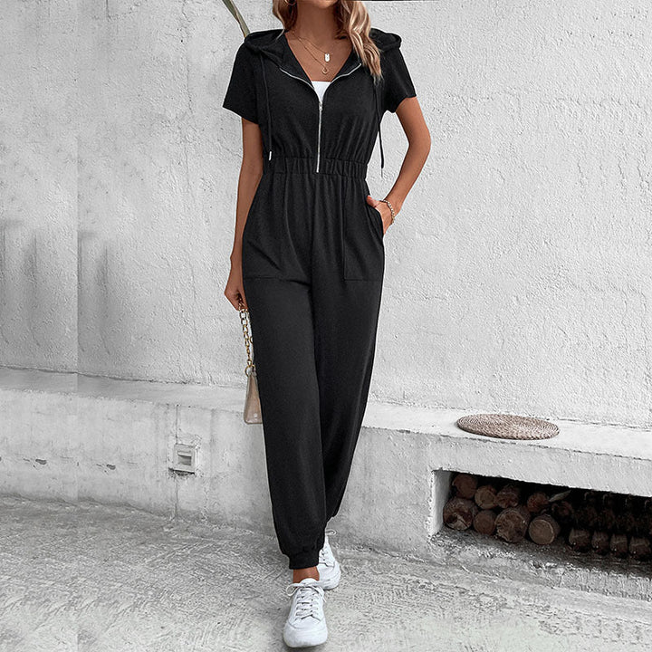Damen moderner Kurzarm-Jumpsuit mit praktischen Taschen und Kapuze Drune