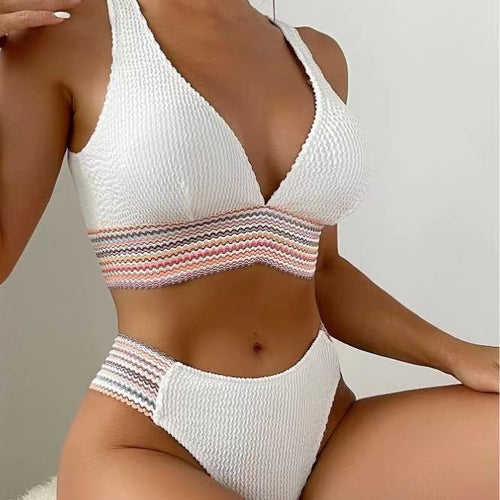 Damen Bikini mit hohem Beinausschnitt und elastischem Streifenmuster Drune