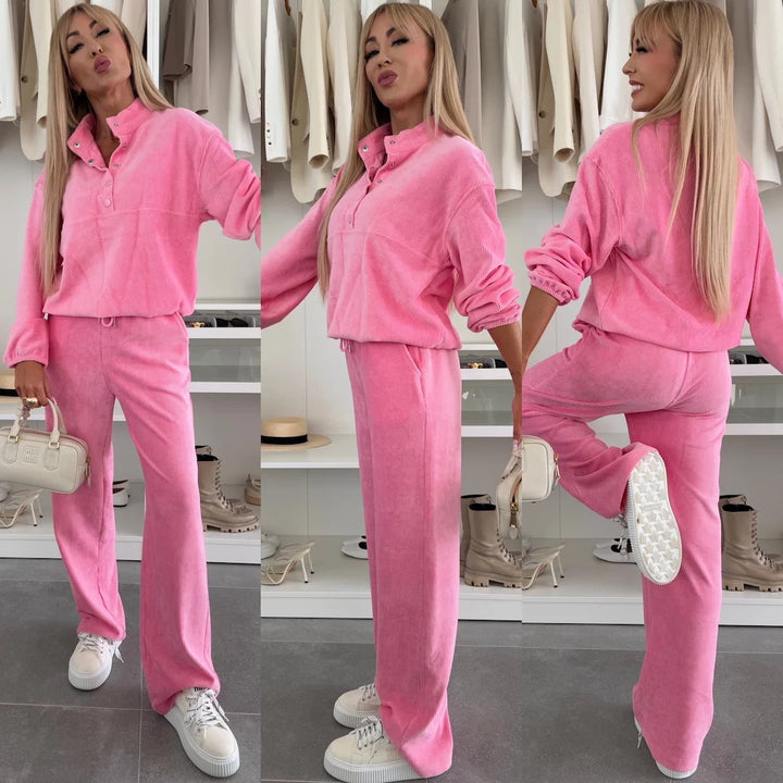 Damen lässiger Fleece-Jogginganzug mit hochwertiger Knopfleiste und weitem Schnitt Drune