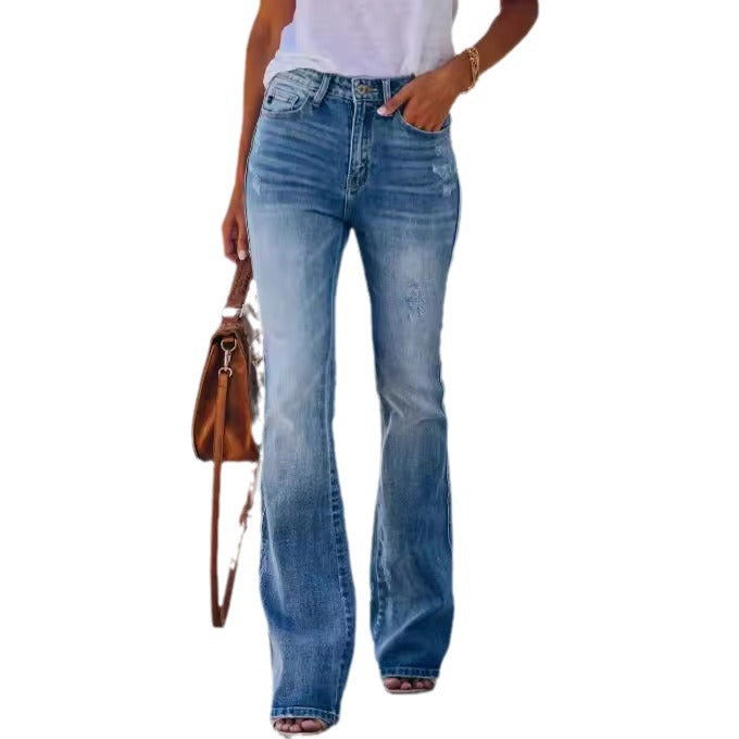 Damen nan High-Waist Schlagjeans aus Stretch-Denim mit leichter Used-Optik und figurbetontem Oberschenkel Drune