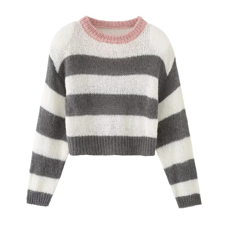 Damen Cropped Strickpullover mit maritimem Streifenmuster und Rundhalsausschnitt Drune