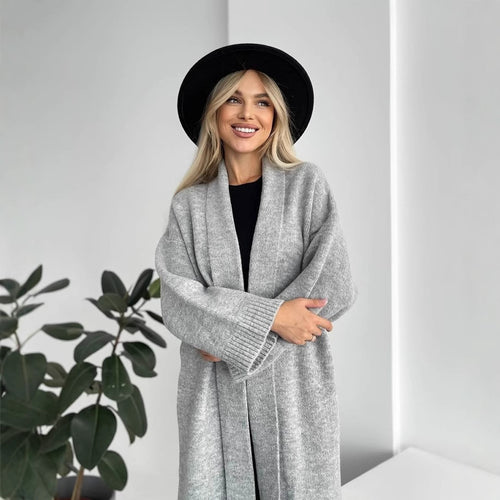 Damen Lange Strickjacke mit tiefem Kragen Drune