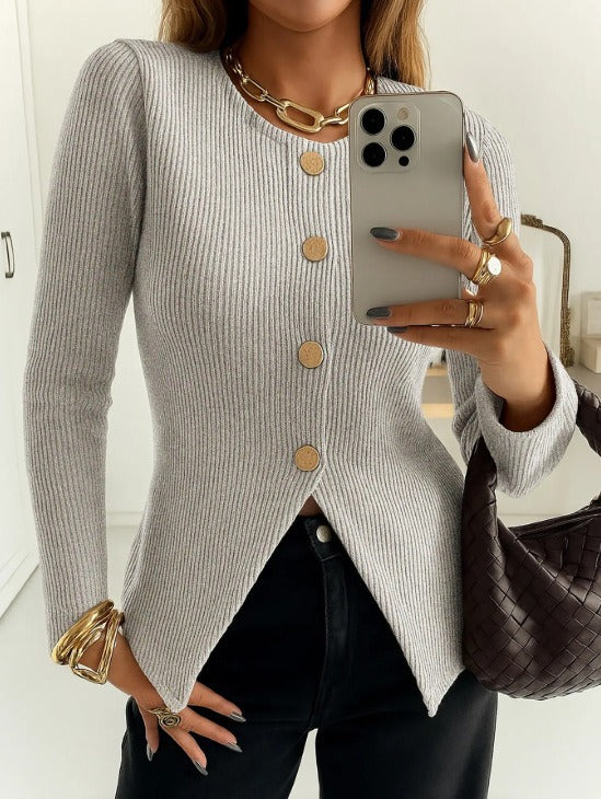 Damen elegantes Strickjacke mit dekorativen Knöpfen Drune