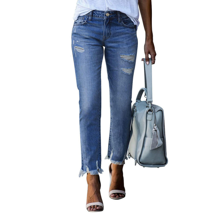 Damen Vintage Slim-Fit Jeans mit fransigem Saum und modischen Rissen Drune