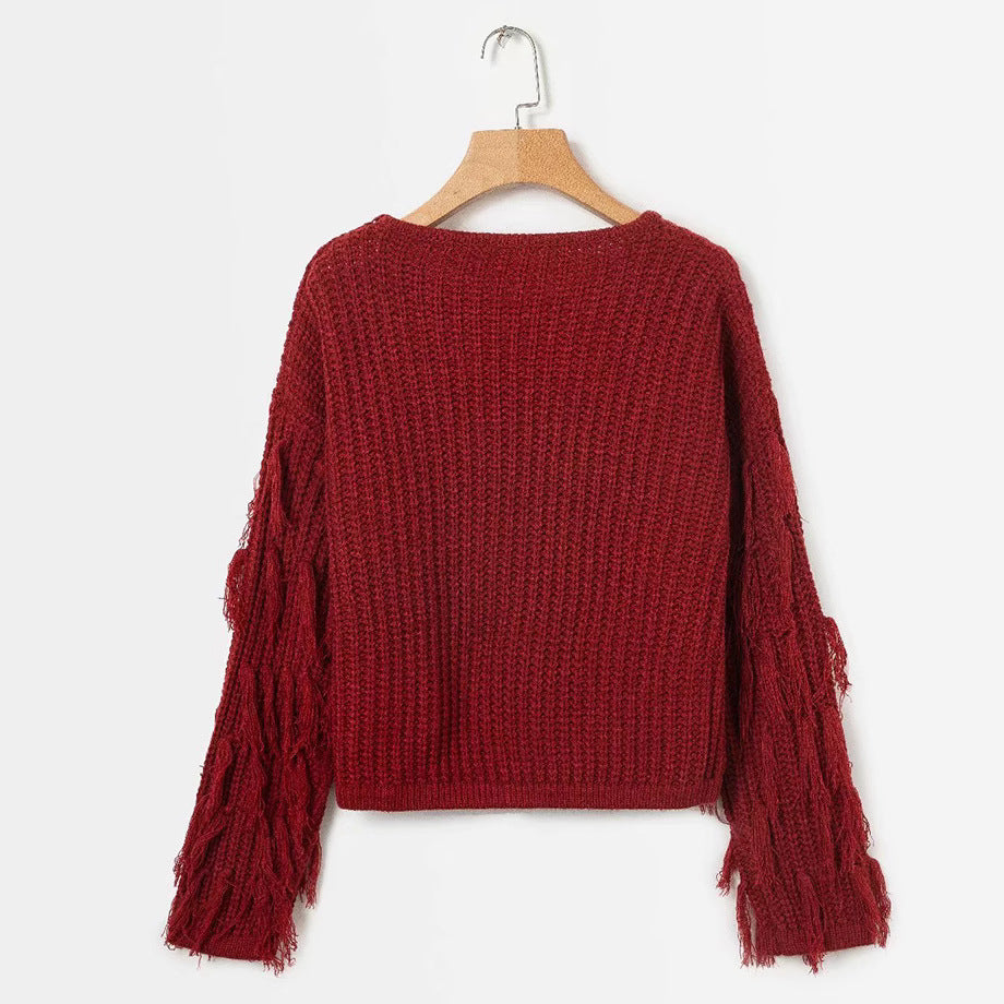 Damen Grobstrickpullover mit fransigen Ärmeln Drune