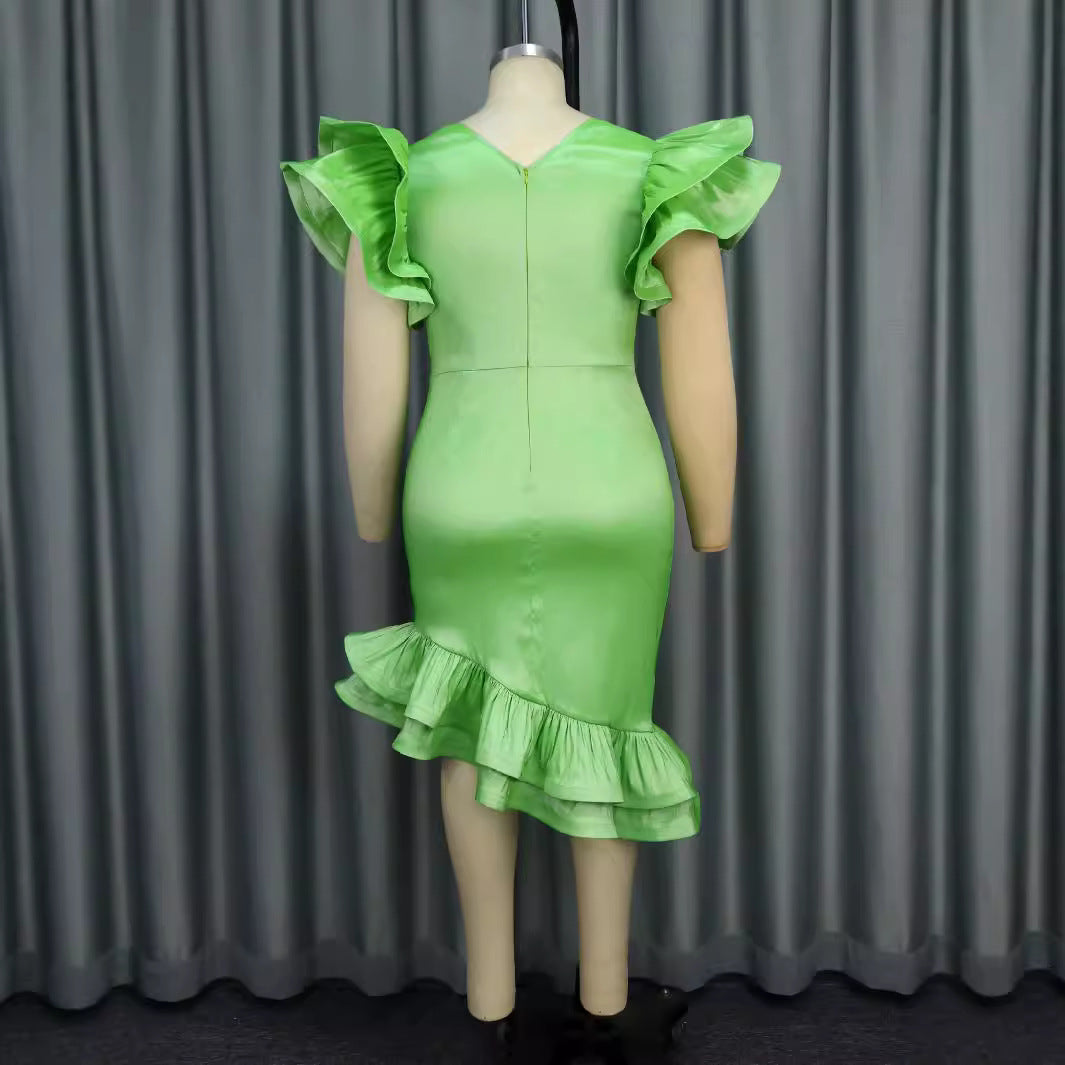 Damen elegantes Kleid mit voluminösen Rüschensäumen und tailliertem Gürtel Drune