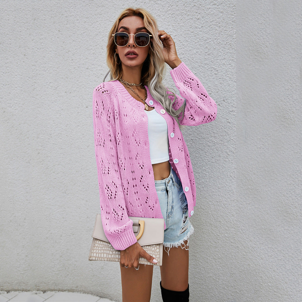 Damen luftige Strickjacke mit filigranem Lochmuster Drune