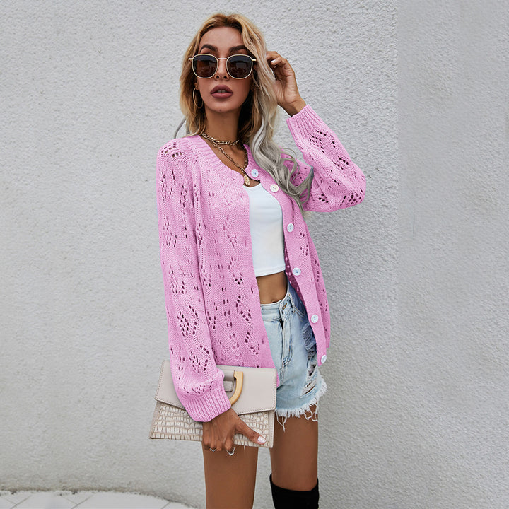 Damen luftige Strickjacke mit filigranem Lochmuster Drune