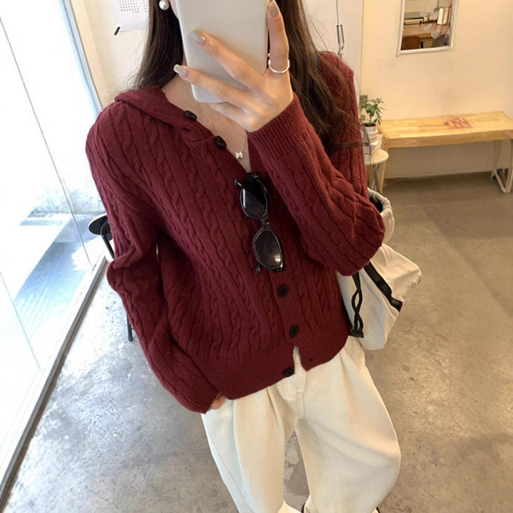 Damen Strickjacke mit Kapuze und dekorativem Zopfdesign Drune