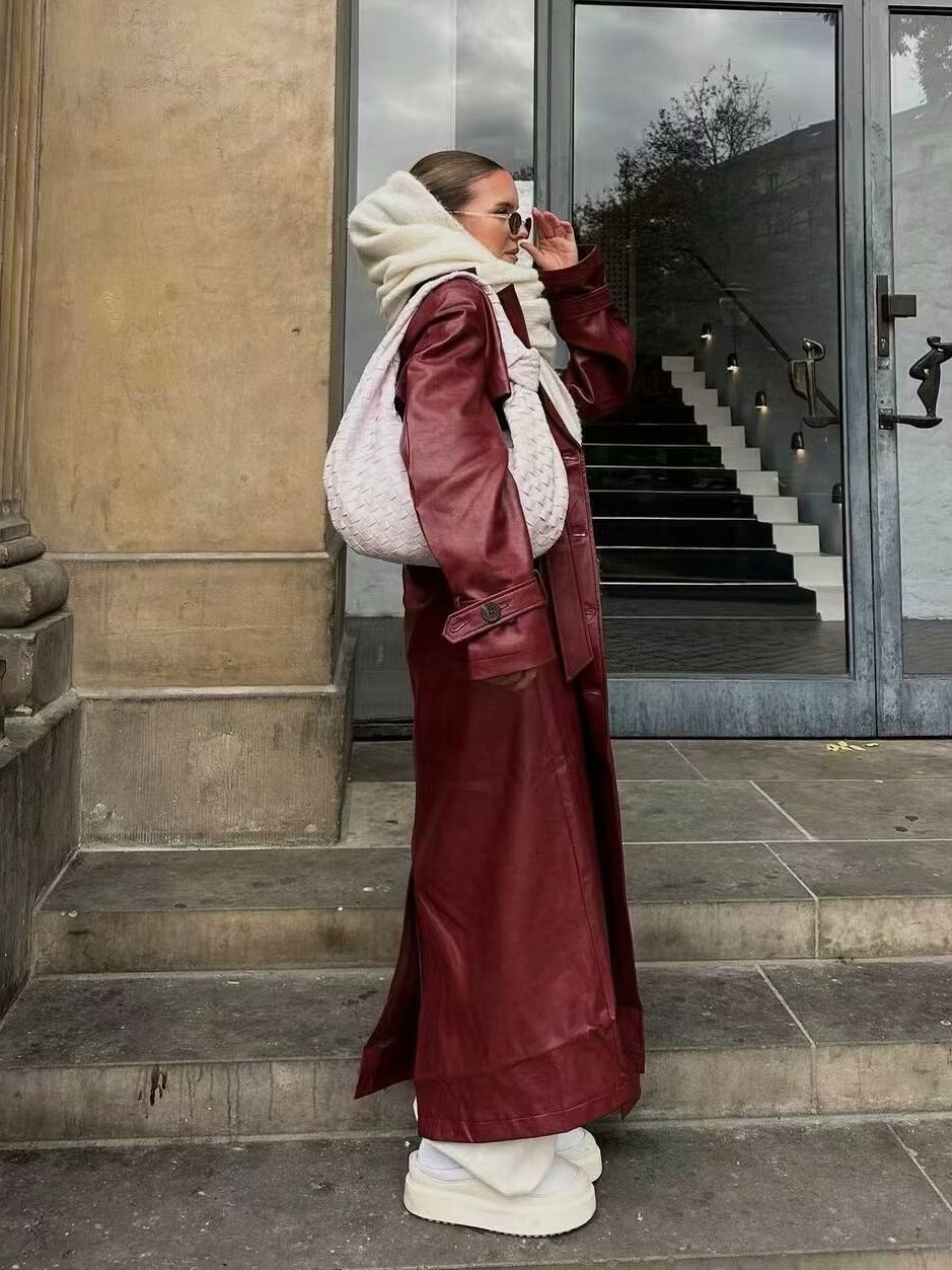 Damen Kunstleder-Trenchcoat mit taillierbarem Gürtel und schickem Kragen Drune