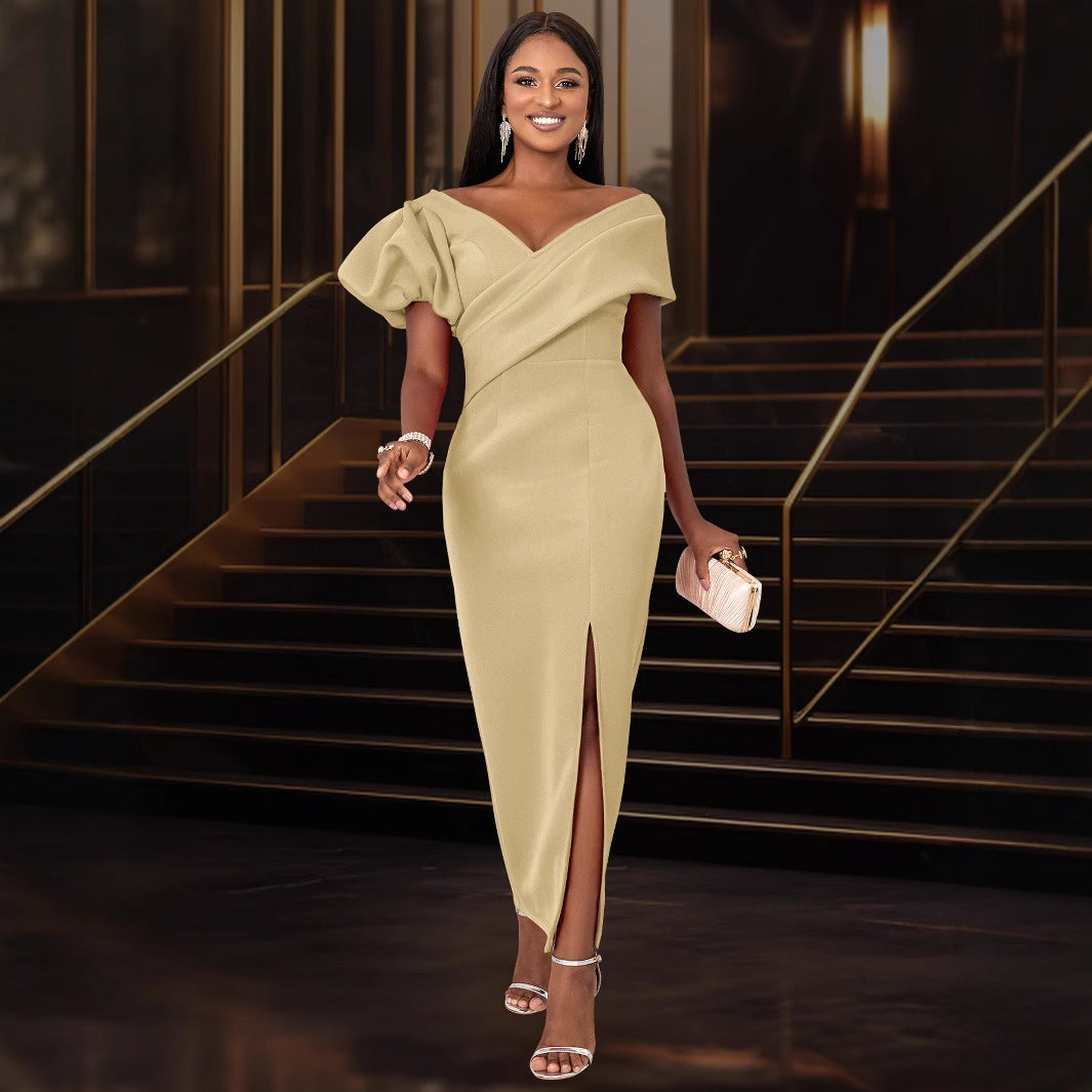Damen Elegantes Maxikleid mit asymmetrischem Ausschnitt und voluminösen Puffärmeln Drune