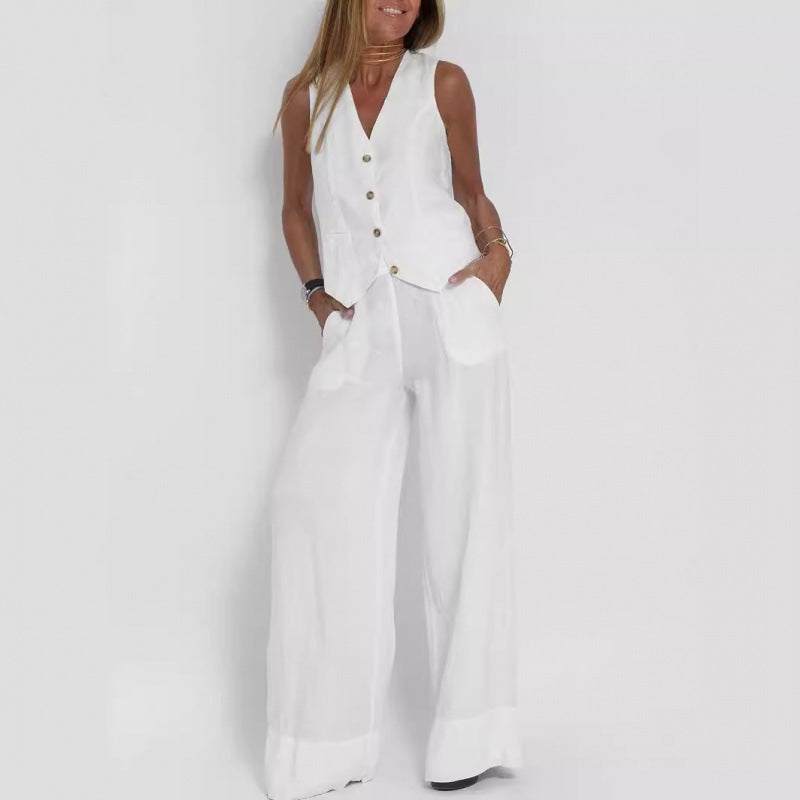 Damen elegantes Leinen-Weste mit Knopfdetaillierung Drune