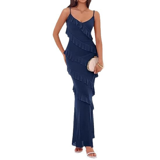 Damen Maxikleid mit Rüschen und Spaghettiträgern Drune