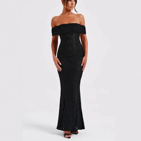 Damen Verführerisches Spitzen-Maxikleid mit schulterfreiem Design Drune