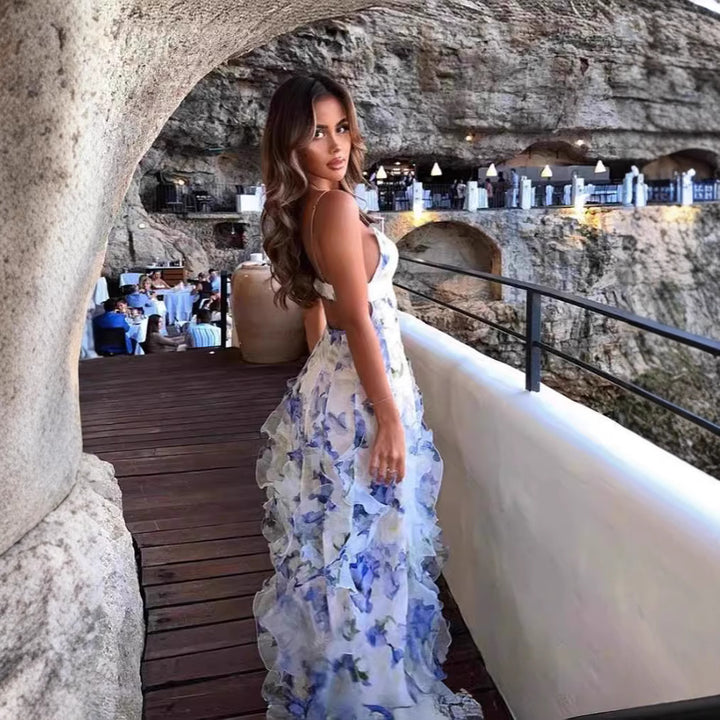 Damen Fließendes Chiffon Maxikleid mit Rüschendetails und floralen Akzenten Drune