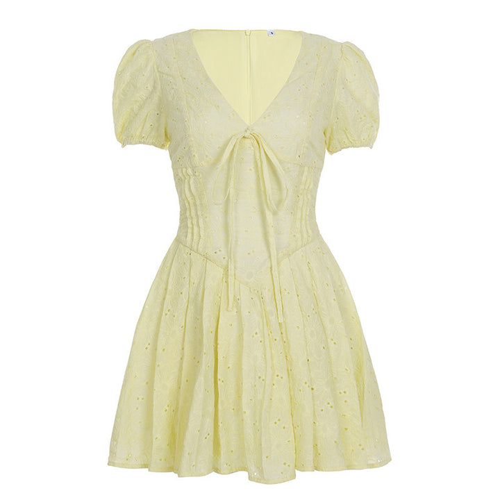 Damen Kurzärmeliges Sommerkleid mit raffinierten Rüschendetails und Bindeband Drune
