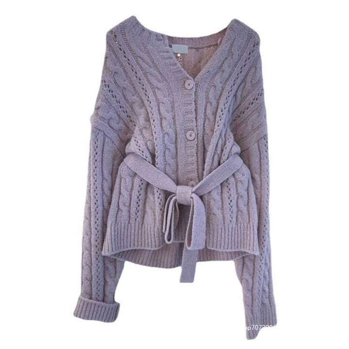 Damen Strickjacke mit Taillengürtel und Zopfmuster Drune