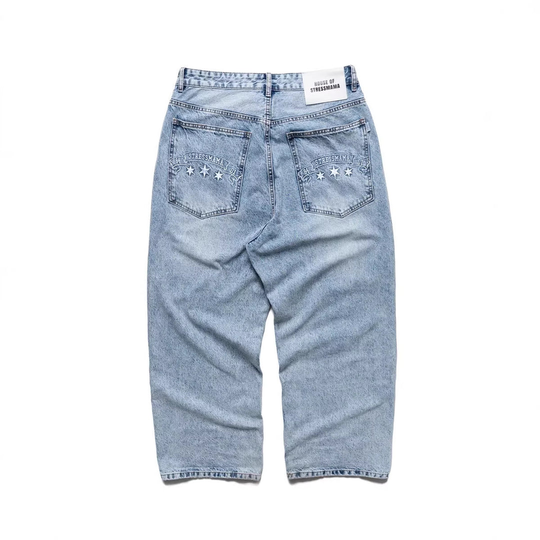 Damen weite Denim-Jeans mit stilvollem Stickdesign Drune