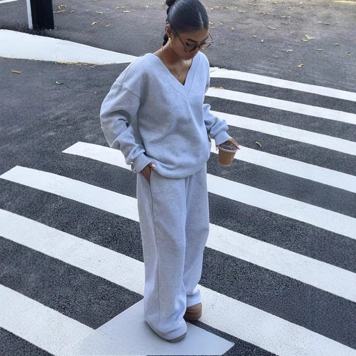 Damen lässiges V-Ausschnitt Sweatshirt und weite Jogginghose Drune