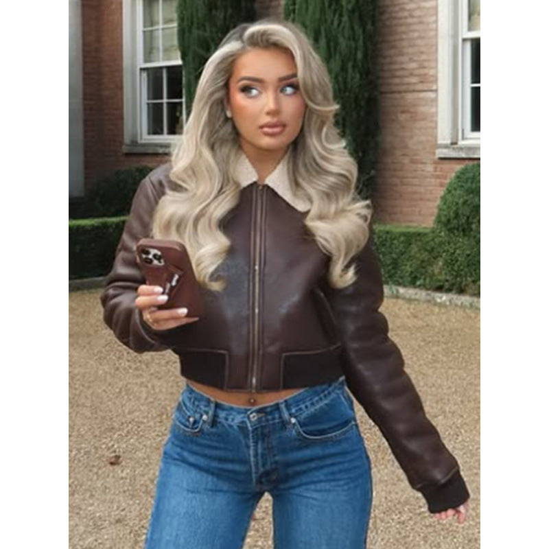 Damen cropped Lederjacke mit kunstvollem Kragen Drune