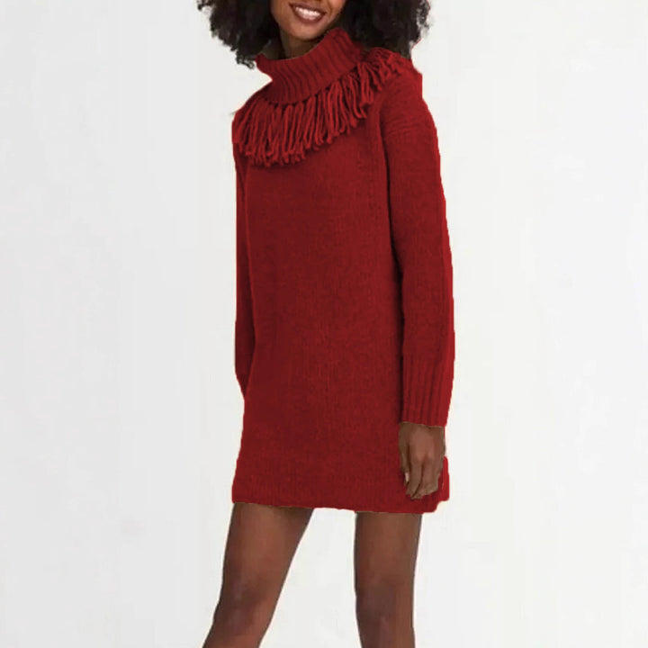 Damen Strickkleid mit hohem Rollkragen und modischen Fransen Drune
