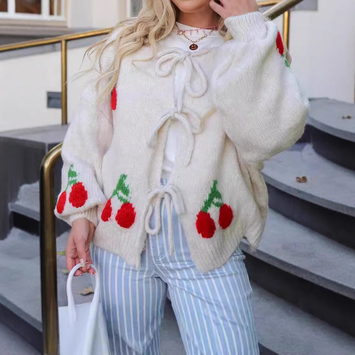 Damen lässige Strickjacke mit verspieltem Kirschmotiv und modernem Kordelzug Drune