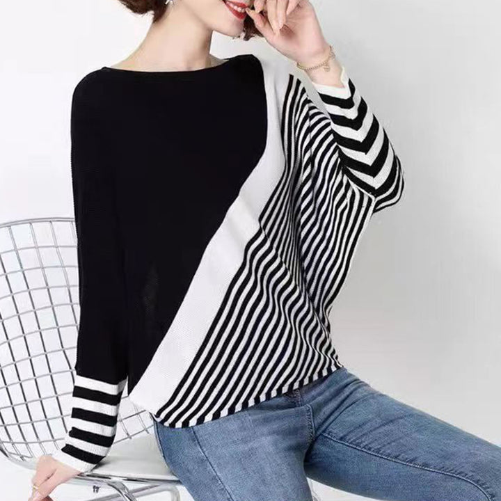 Damen modischer Strickpullover mit asymmetrischem Schnitt und grafischem Streifenmuster Drune