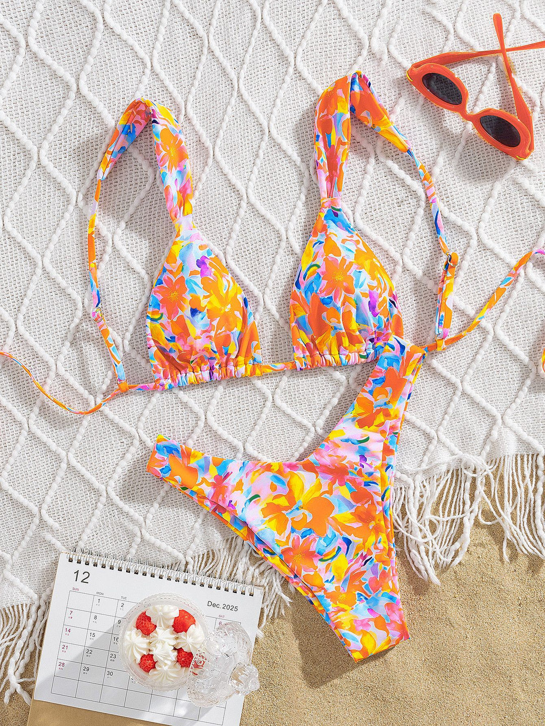 Damen Triangel-Bikini mit buntem Blumendesign und verstellbaren Trägern Drune