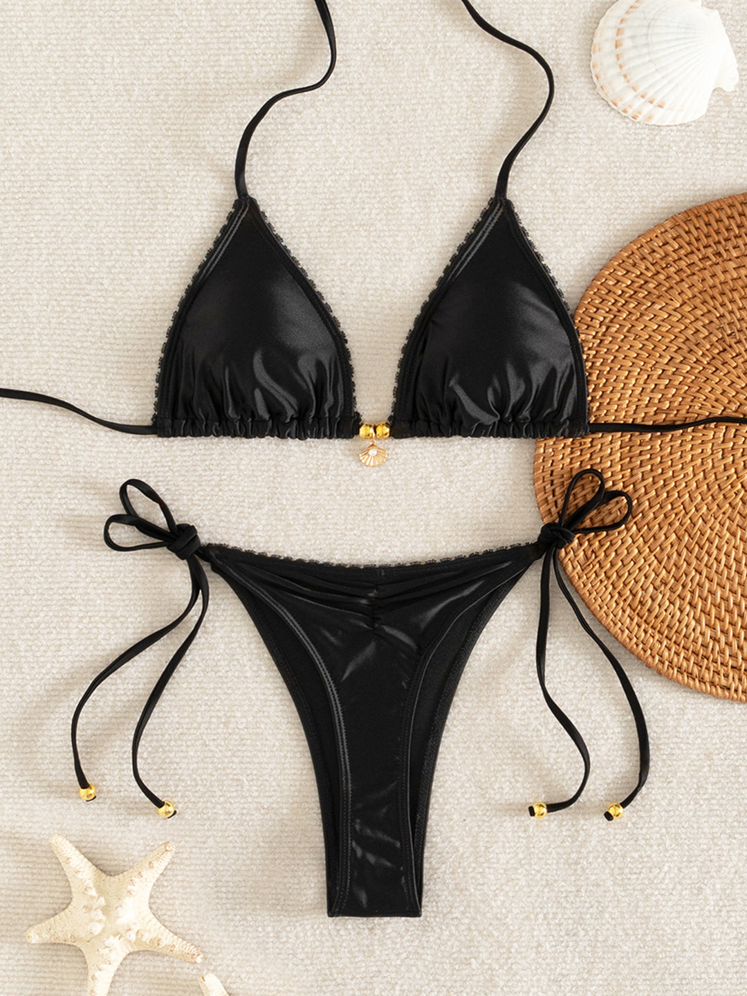 Damen Triangel-Bikini-Set mit luxuriösen Rüschendetails und dekorativem Bindeband Drune