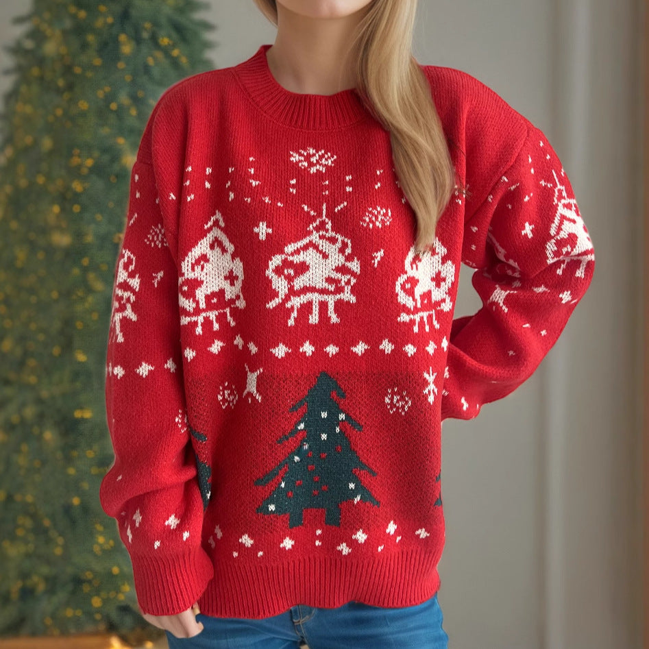 Damen gestrickter Weihnachtspullover mit festlichen Motiven und lässigem Schnitt Drune