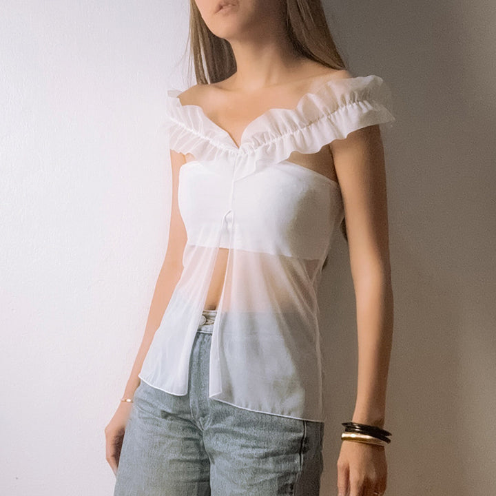 Damen Top mit transparentem Mesh-Einsatz und dekorativem Rüschendraht Drune