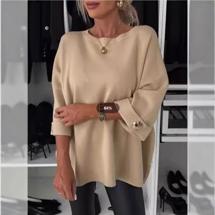 Damen Eleganter Strickpullover mit weit geschnittenen Ärmeln und Knopfdetails Drune
