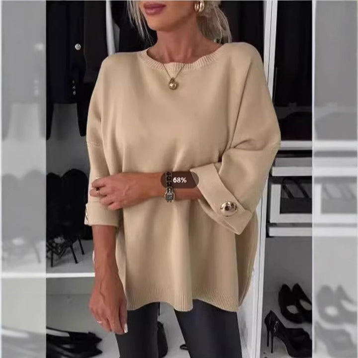 Damen Eleganter Strickpullover mit weit geschnittenen Ärmeln und Knopfdetails Drune