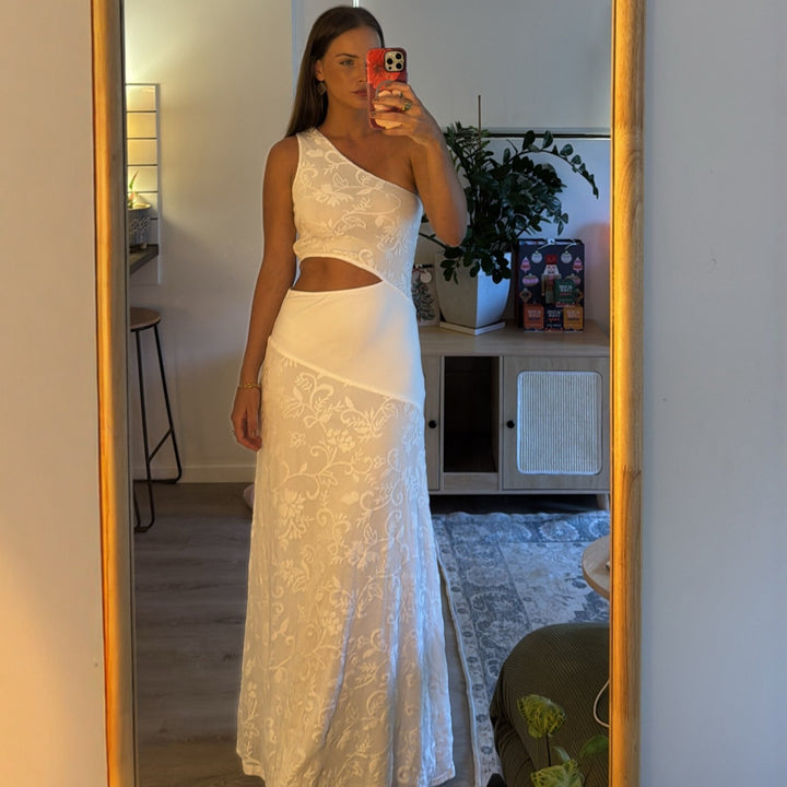 Damen Elegantes Maxikleid mit asymmetrischem Schnitt und floralem Spitzenbesatz Drune