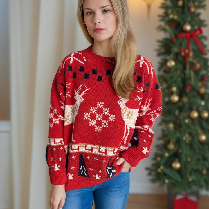 Damen gemusterter Weihnachtspullover mit festlichem Rentierdesign und Oversize-Schnitt Drune