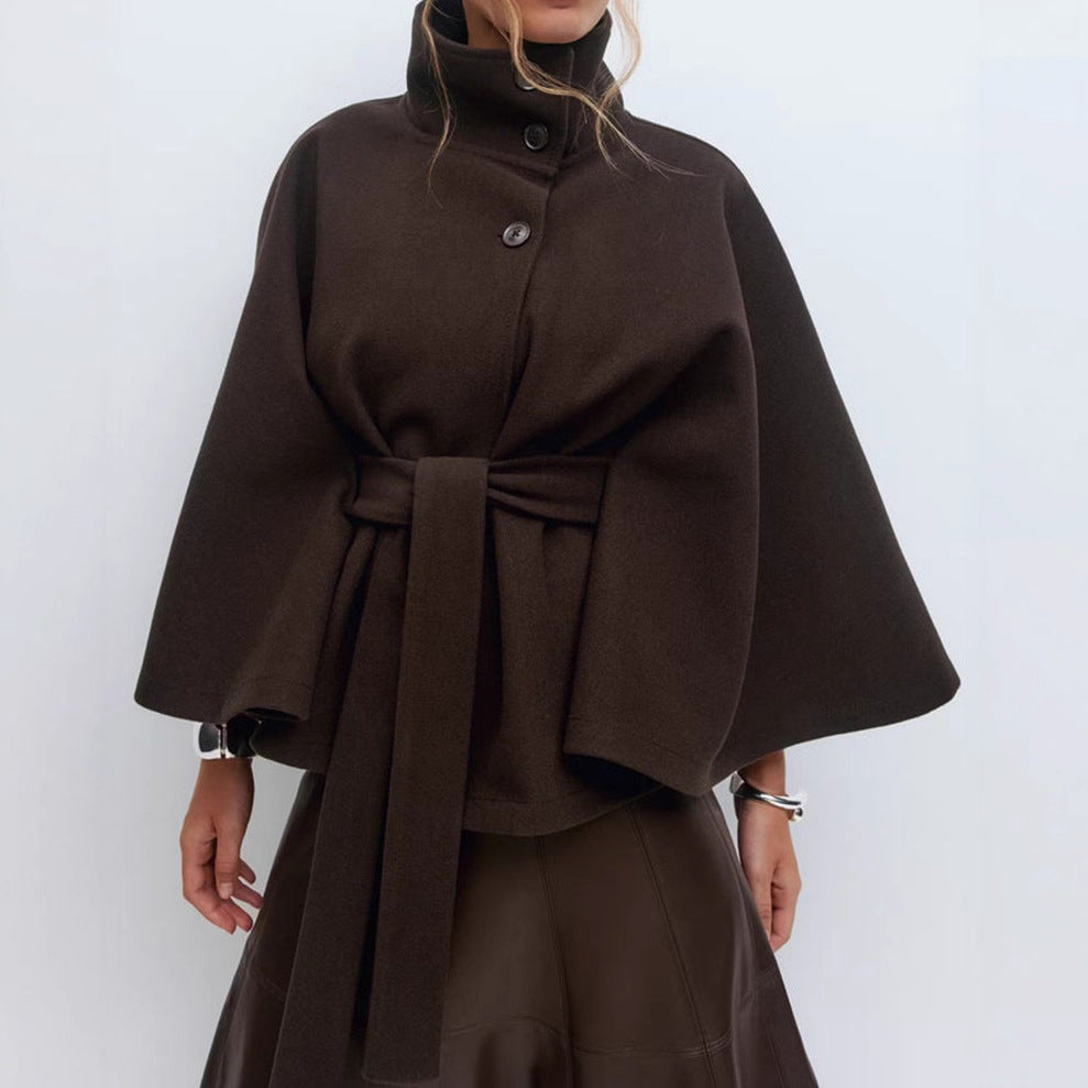 Damen elegante Umhangjacke mit hochgeschlossenem Stehkragen und schickem Gürtel Drune
