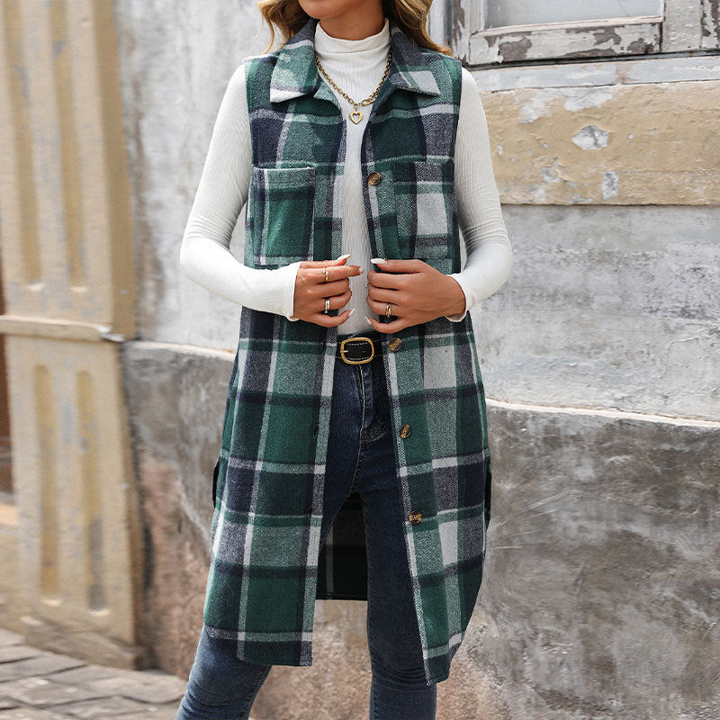 Damen Langarm-Weste mit Karo-Muster und praktischen Taschen Drune