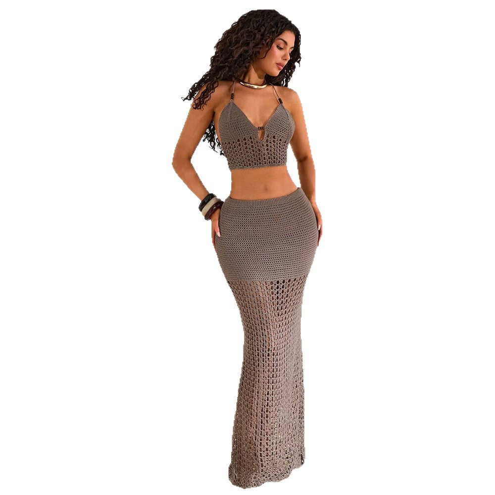 Damen gehäkeltes Strandset mit tiefem V-Ausschnitt und figurbetonter Silhouette Drune