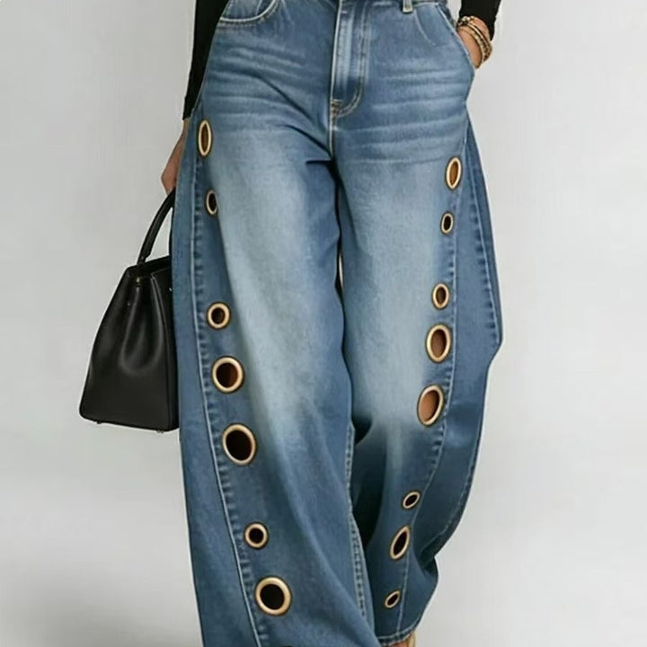 Damen Weit geschnittene Jeans mit dekorativen Ösen und hohem Bund Drune
