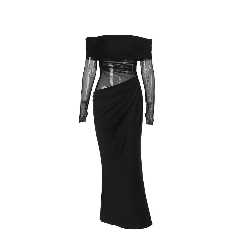Damen Off-Shoulder Abendkleid mit drapiertem Stoff und transparenten Ärmeln Drune