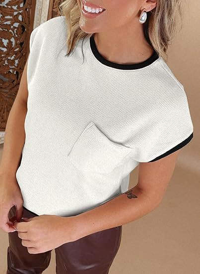 Damen stylisches Kurzarmshirt mit Brusttasche und kontrastierenden Details Drune